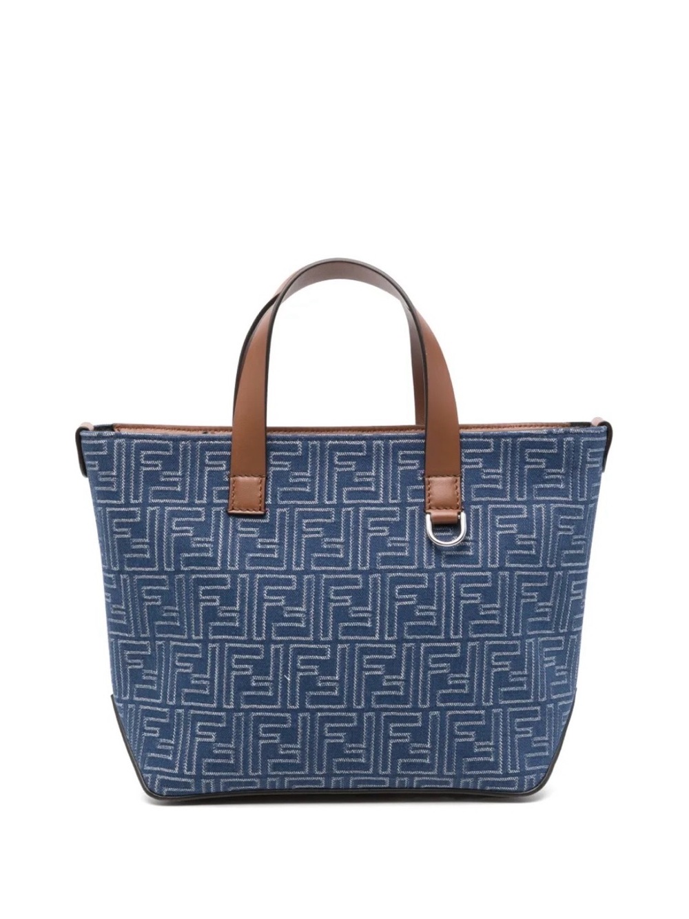 Fendi Blue Logo-Print Tote with Brown Handles
